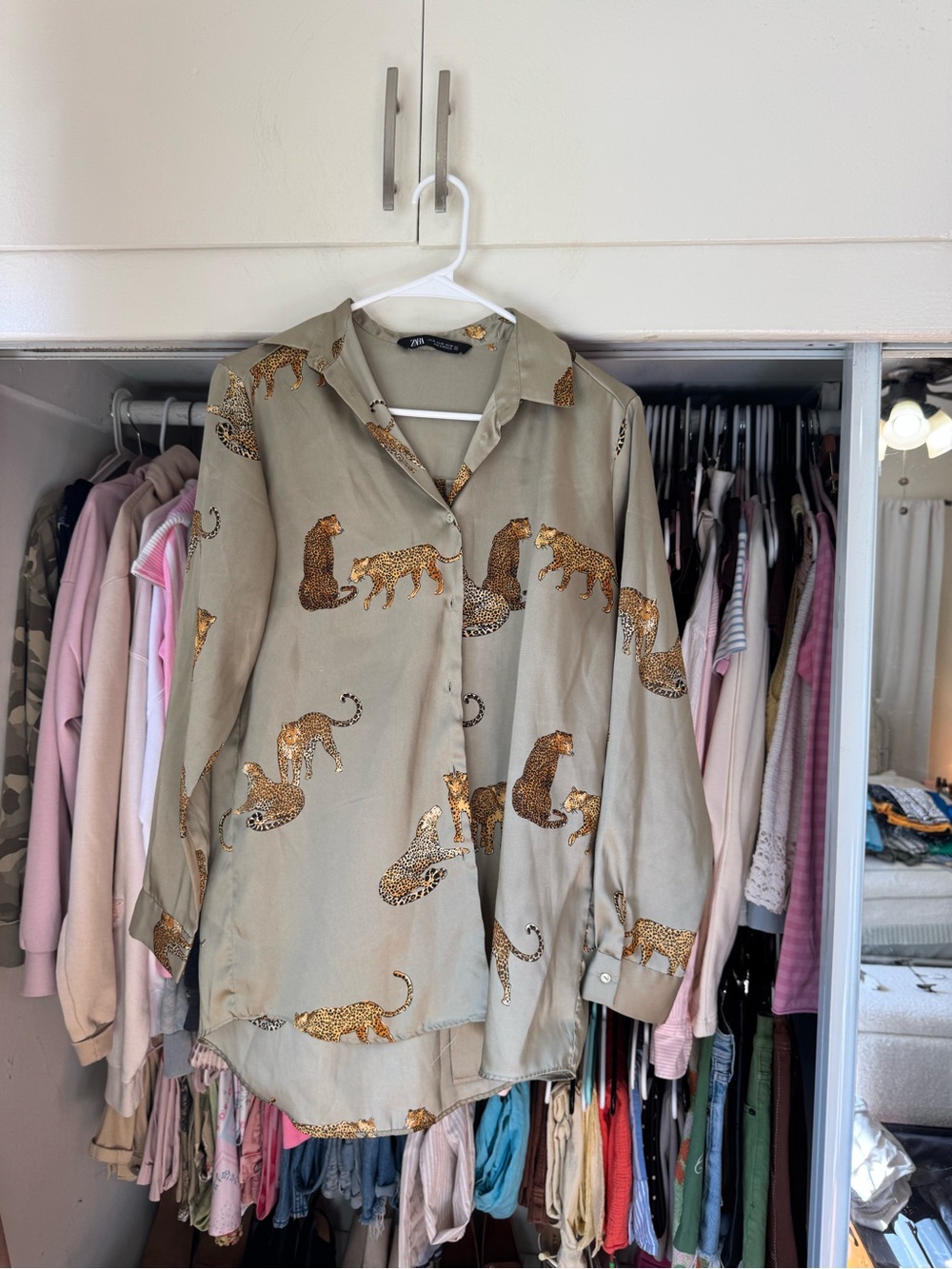 Zara Taupe Leopard Print Satin Button-Up Blouse
